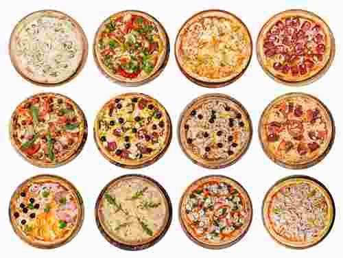 Big set of different pizzas: Ham with mushrooms, Barbecue, Peperoni's, Mexican, Chicken, Meat, Italian, Florentina, Bonanza, Margarita, Marinera, Hawaiian, Isolated on white background. Top view